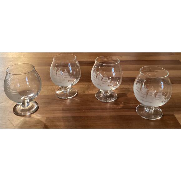 4 Toscany Clipper Ship Etched Frosted Brandy Snifter Glasses Footed 3.5” - Picture 8 of 9